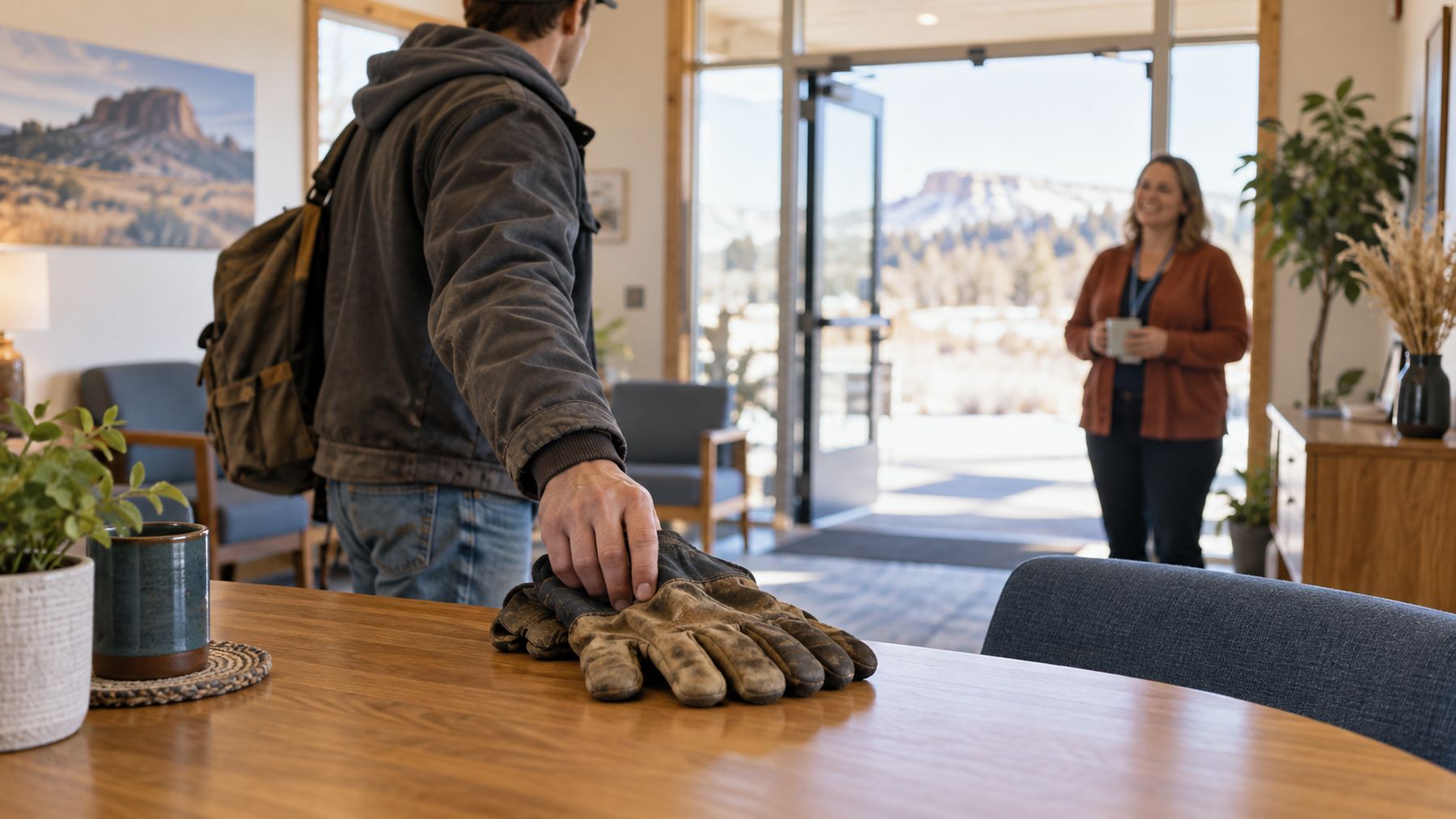 A man arriving at a reception area with a work bag, greeted by a staff member