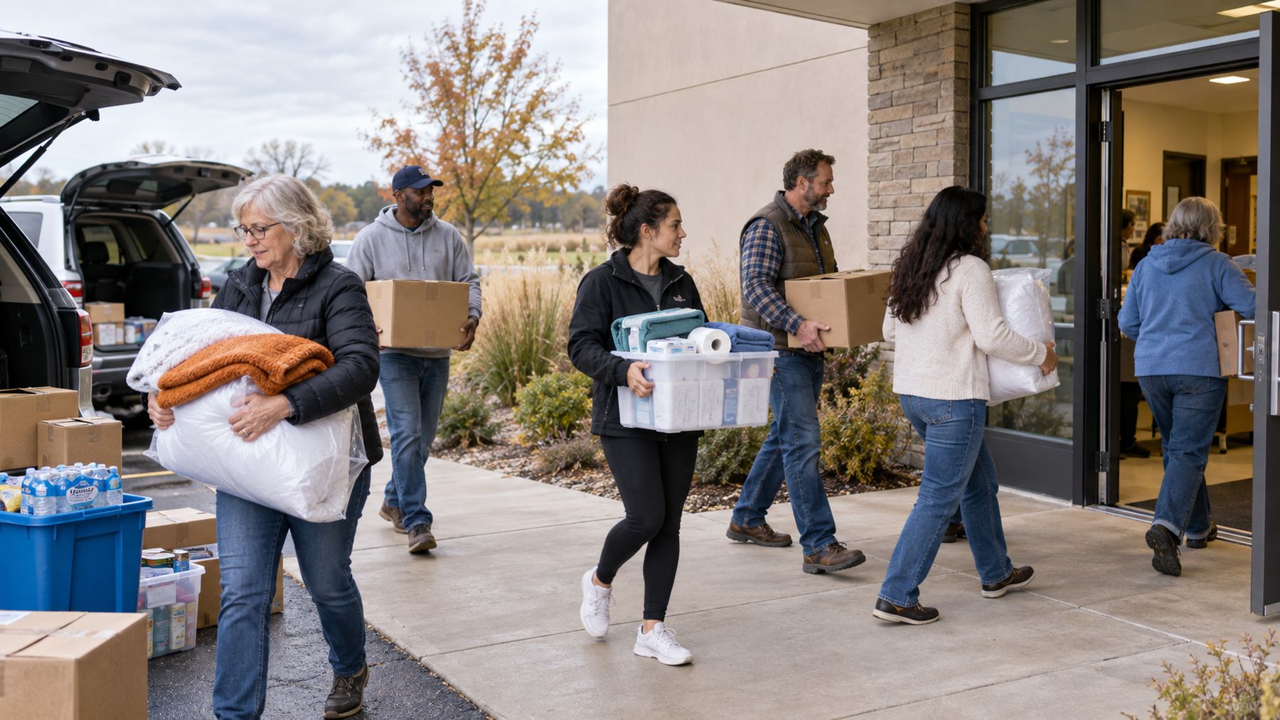 Volunteers carrying boxes, bedding and supplies into a building from parked cars