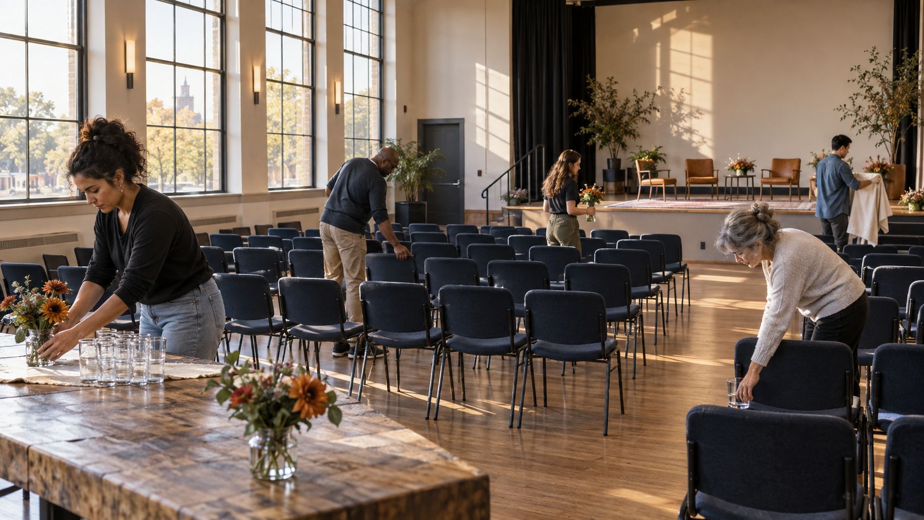 A hall being set with chairs and flowers before an evening event