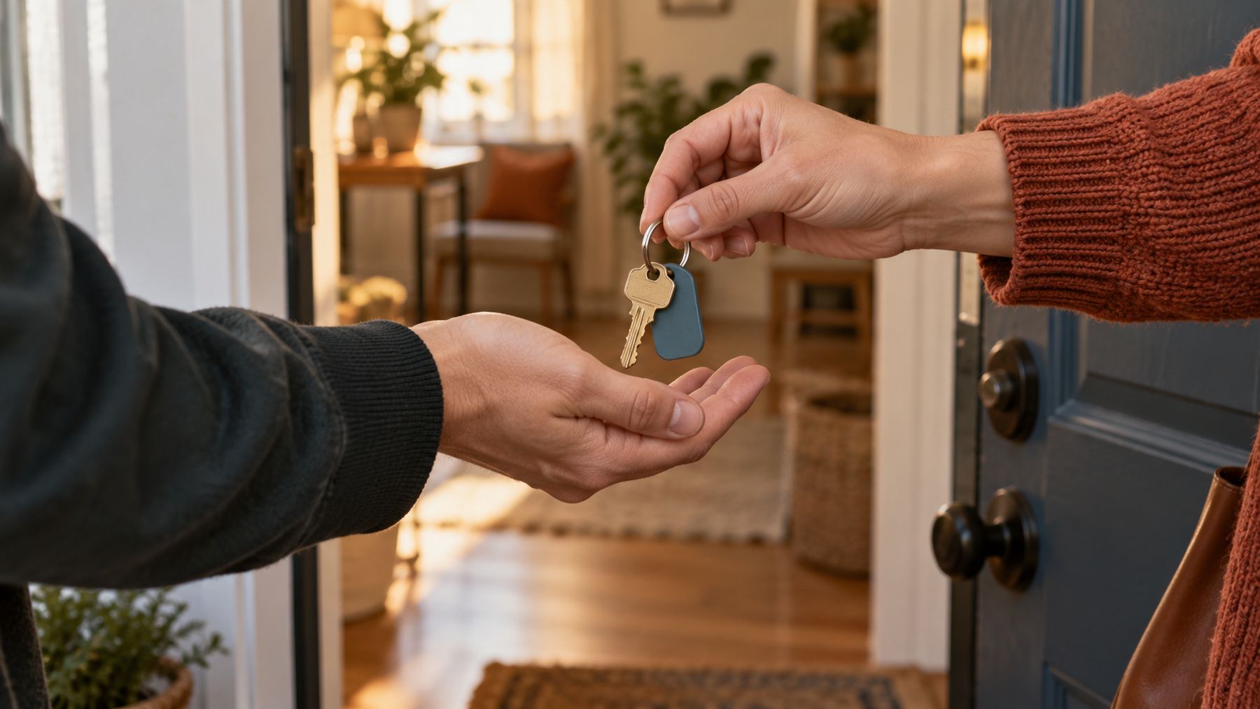 A set of keys being handed to someone at the door of a home