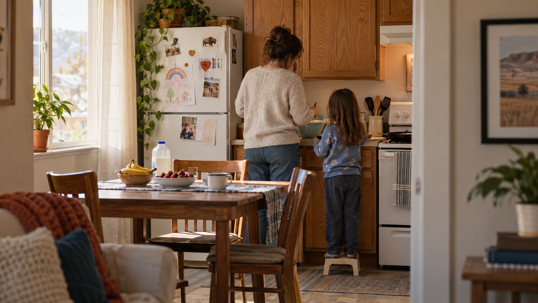 A mother and a young child cooking together in a sunlit kitchen