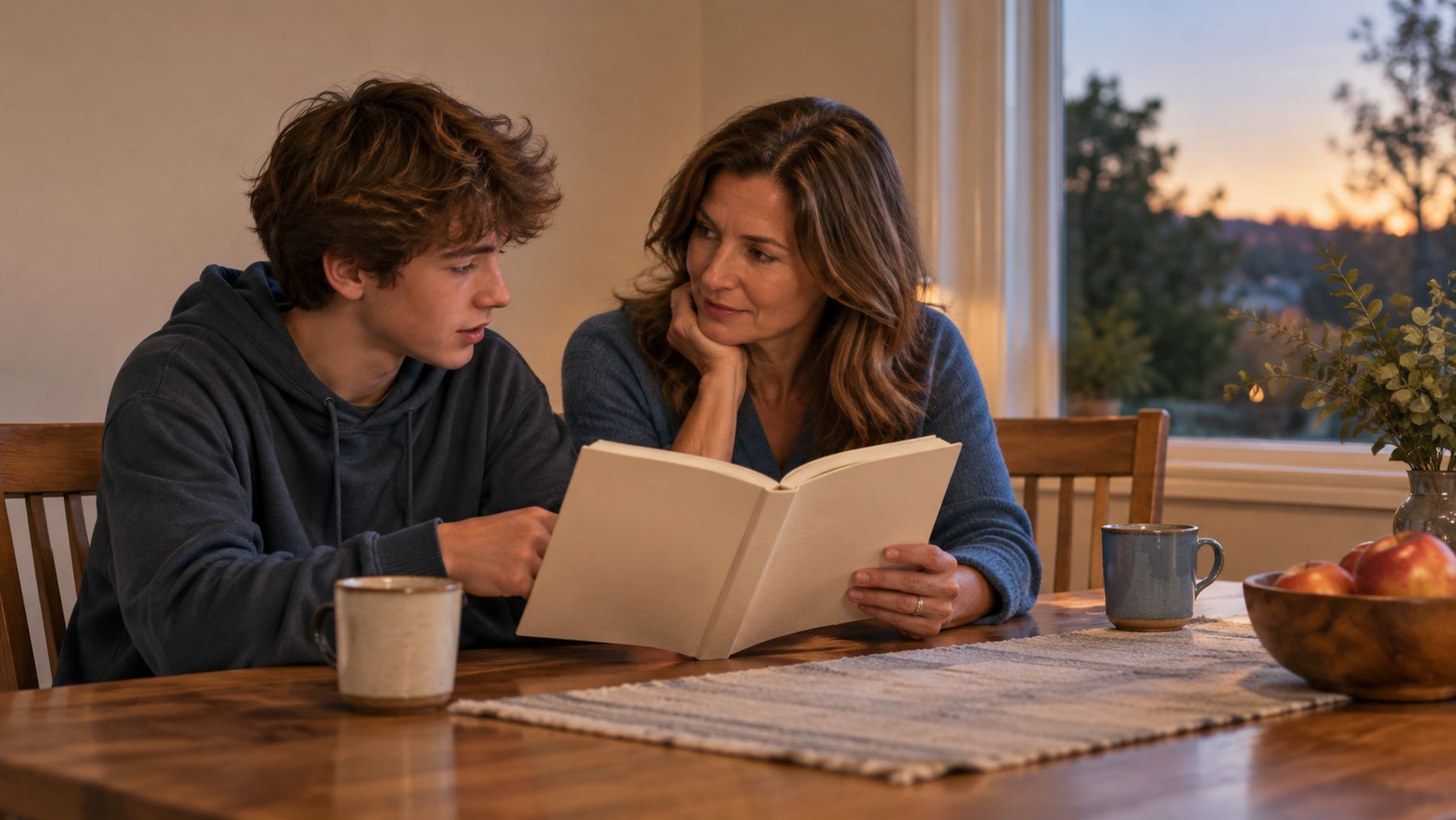 A parent and a teenager reading together at a kitchen table in the evening
