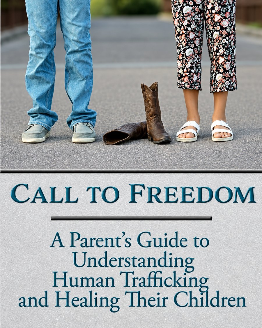 Cover of Call to Freedom: A Parent's Guide to Understanding Human Trafficking and Healing Their Children, showing an adult and a child standing on a road either side of a pair of empty cowboy boots
