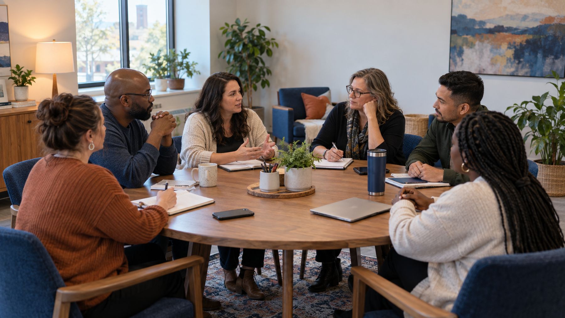 A group of professionals in discussion around a table during a training session
