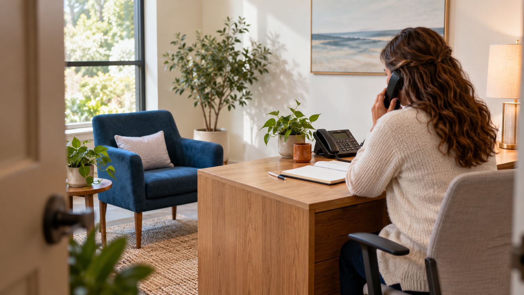 A phone and a notebook on a desk by a window.